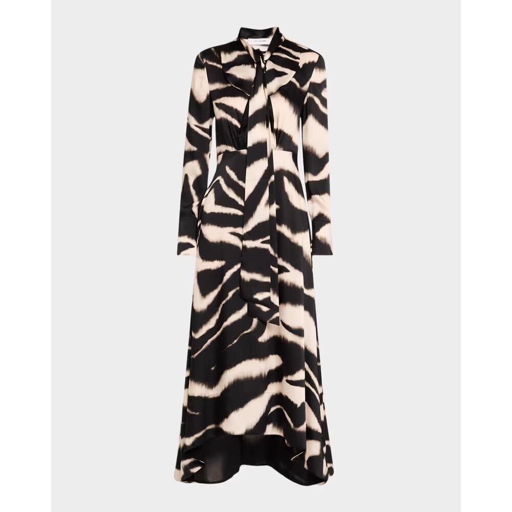 St John Long Sleeve Zebra Print Scarf Tie Neck Midi Dress Size 6